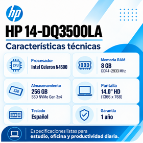 Ficha técnica HP 14-DQ3500LA: RAM DDR4 2933 MHz, SSD NVMe Gen 3 x4, pantalla HD y teclado español