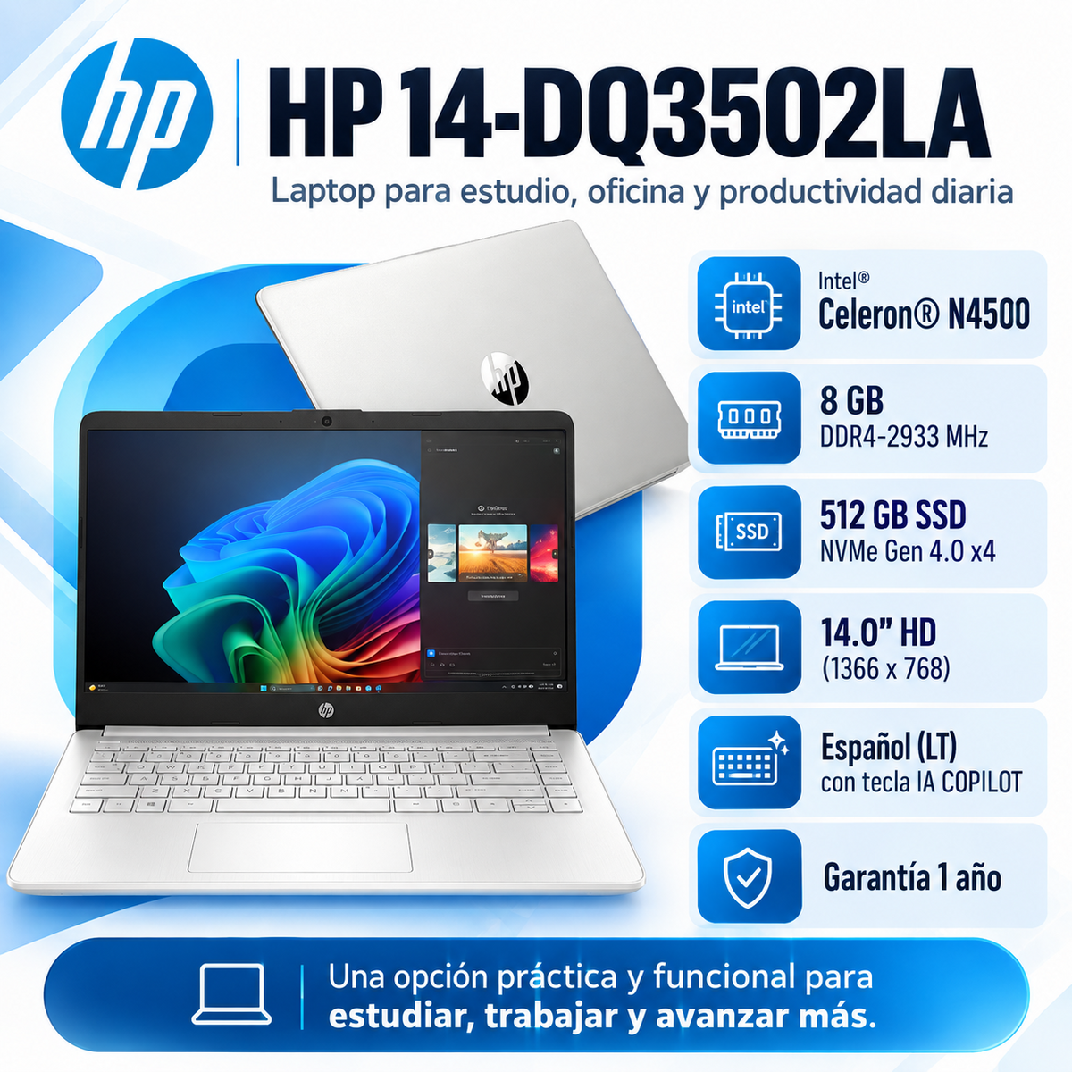 HP 14-DQ3502LA con Intel Celeron N4500, RAM 8 GB DDR4, SSD 512 GB y pantalla HD de 14 pulgadas