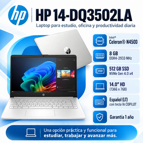HP 14-DQ3502LA con Intel Celeron N4500, RAM 8 GB DDR4, SSD 512 GB y pantalla HD de 14 pulgadas