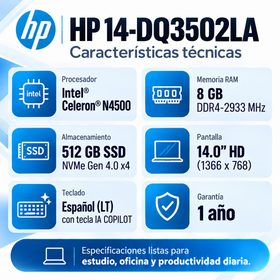Ficha técnica HP 14-DQ3502LA: RAM DDR4 2933 MHz, SSD NVMe Gen 4.0 x4, pantalla HD y teclado español