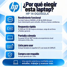 Ventajas de la HP 14-DQ3502LA para productividad cotidiana y garantía de 1 año