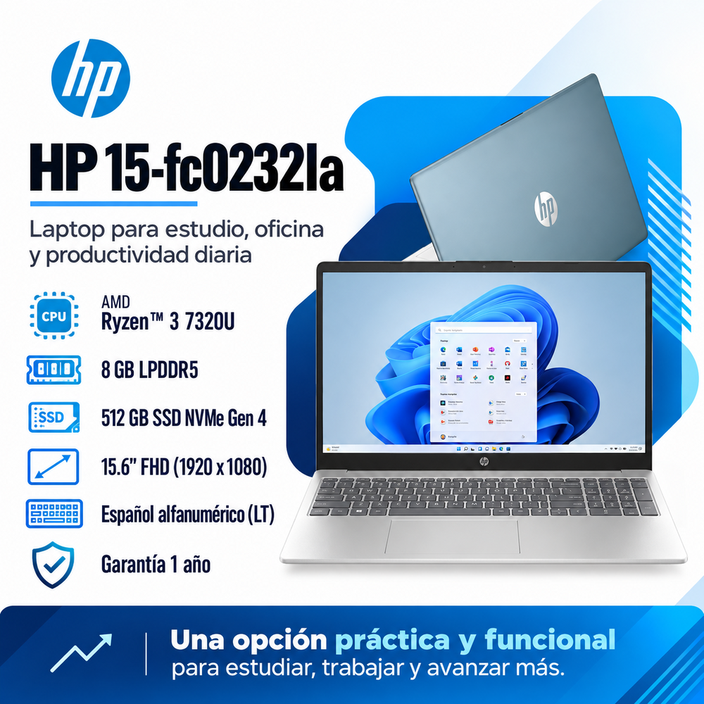 HP 15-fc0232la con AMD Ryzen 3 7320U, RAM 8 GB LPDDR5, SSD NVMe 512 GB y pantalla Full HD de 15,6 pulgadas