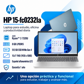 HP 15-fc0232la con AMD Ryzen 3 7320U, RAM 8 GB LPDDR5, SSD NVMe 512 GB y pantalla Full HD de 15,6 pulgadas