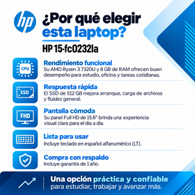 Ventajas de la HP 15-fc0232la para productividad cotidiana y garantía de 1 año