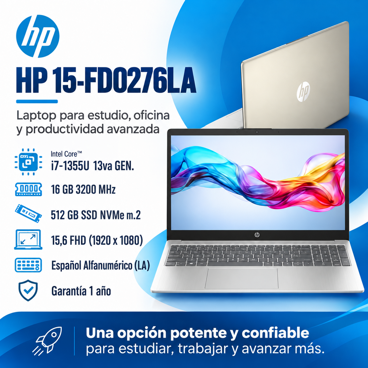 HP 15-FD0276LA con Intel Core i7-1355U, RAM 16 GB a 3200 MHz, SSD 512 GB y pantalla Full HD de 15,6 pulgadas