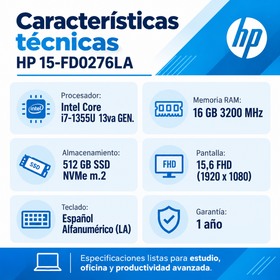 Ficha técnica HP 15-FD0276LA: Core i7-1355U de 13.ª generación, RAM 16 GB a 3200 MHz, SSD NVMe M.2 de 512 GB, pantalla Full HD y teclado español latinoamericano