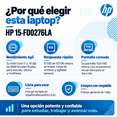 Ventajas HP 15-FD0276LA: Core i7, RAM 16 GB, SSD 512 GB, pantalla Full HD, teclado español y garantía de un año