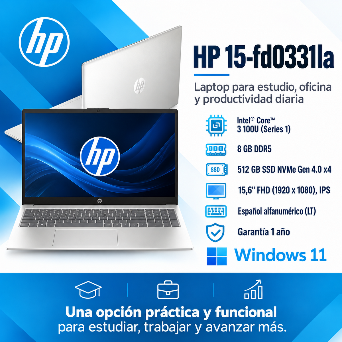 HP 15-fd0331la con Intel Core 3 100U, RAM 8 GB DDR5, SSD NVMe 512 GB y pantalla Full HD IPS de 15,6 pulgadas