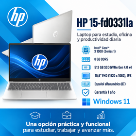 HP 15-fd0331la con Intel Core 3 100U, RAM 8 GB DDR5, SSD NVMe 512 GB y pantalla Full HD IPS de 15,6 pulgadas