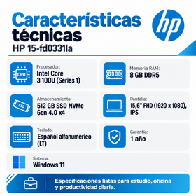 Ficha técnica HP 15-fd0331la: Core 3 100U Serie 1, RAM DDR5, SSD NVMe Gen 4.0 x4, pantalla IPS y Windows 11