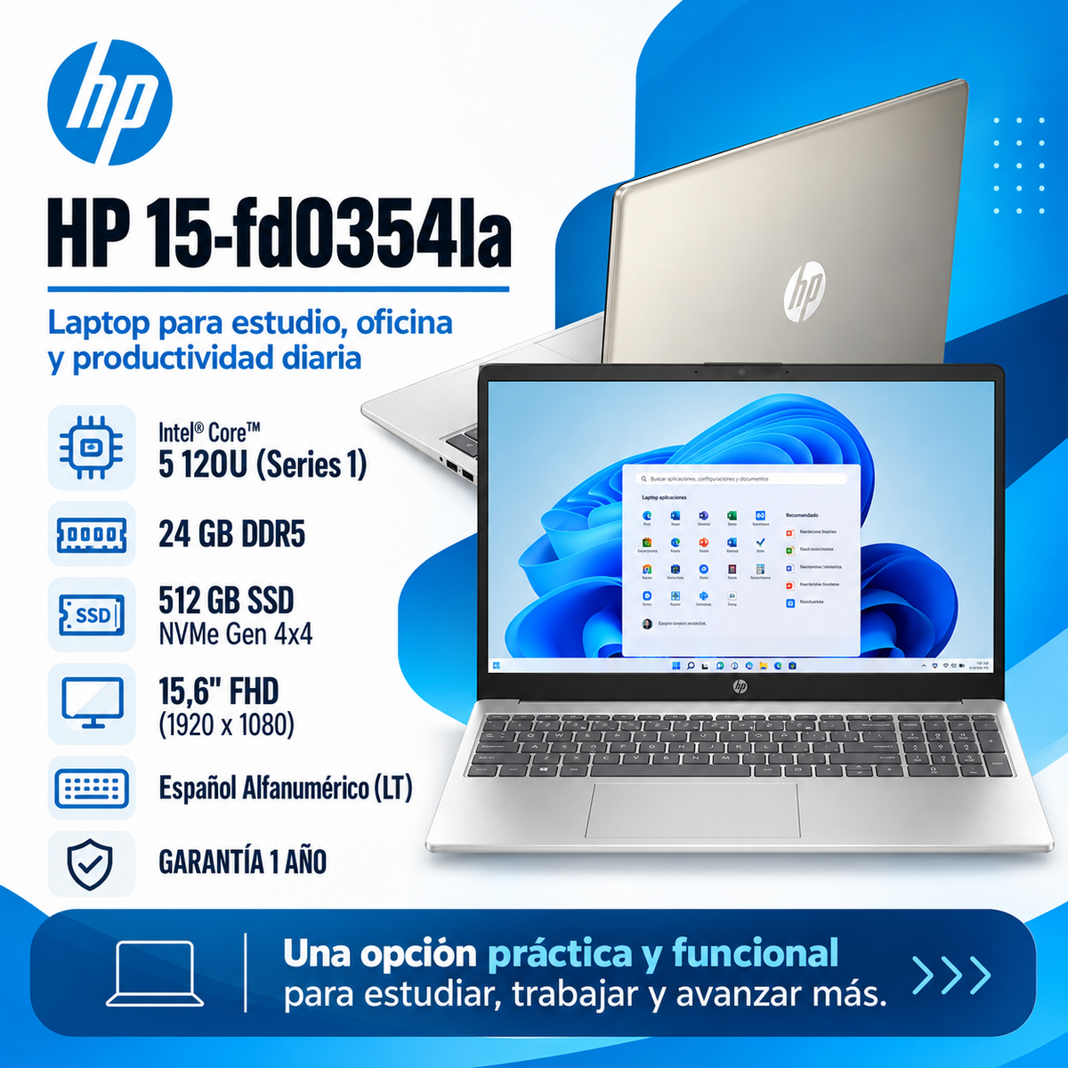 HP 15-fd0354la con Intel Core 5 120U, RAM 24 GB DDR5, SSD 512 GB y pantalla Full HD de 15,6 pulgadas