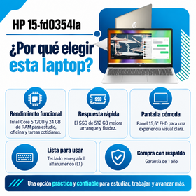 Ventajas HP 15-fd0354la: Core 5 120U, RAM 24 GB, SSD 512 GB, pantalla Full HD, teclado español y garantía de un año