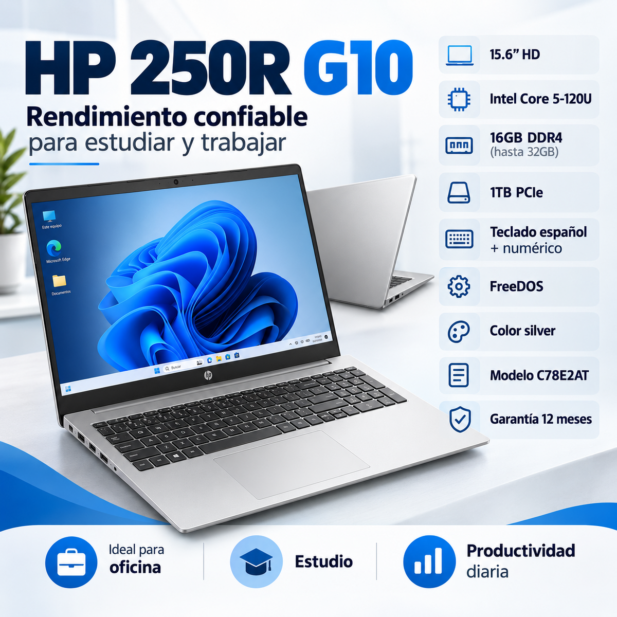 HP 250R G10 C78E2AT Core 5-120U, 16 GB DDR4 y SSD 1 TB, FreeDOS — presentación