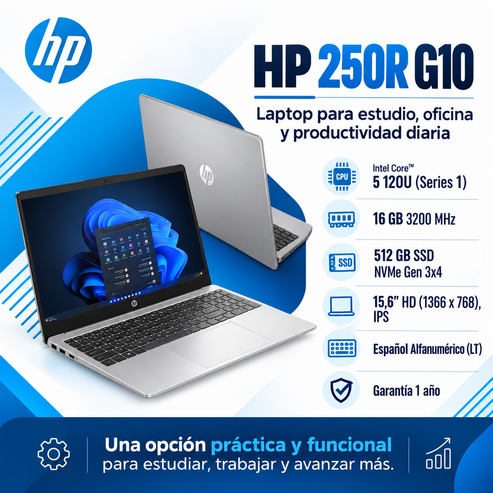 HP 250R G10 con Intel Core 5 120U, RAM 16 GB, SSD 512 GB y pantalla HD IPS de 15,6 pulgadas