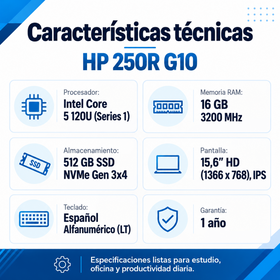 Ficha técnica HP 250R G10: Core 5 120U, RAM 16 GB a 3200 MHz, SSD NVMe Gen 3x4 de 512 GB, pantalla HD IPS y teclado en español