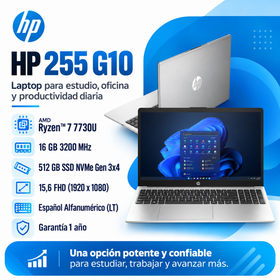 HP 255 G10 con AMD Ryzen 7 7730U, RAM 16 GB a 3200 MHz, SSD 512 GB y pantalla Full HD de 15,6 pulgadas