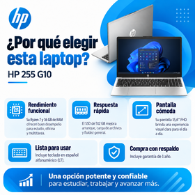 Ventajas HP 255 G10: Ryzen 7, RAM 16 GB, SSD 512 GB, pantalla Full HD, teclado español y garantía de un año