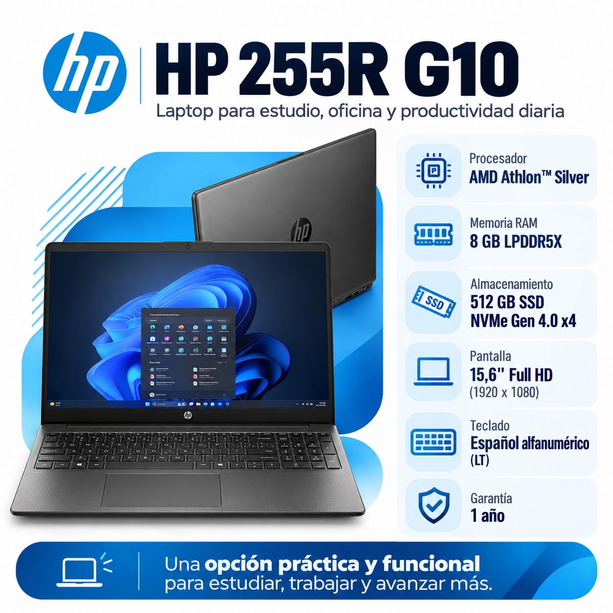 HP 255R G10 con AMD Athlon Silver, RAM 8 GB LPDDR5X, SSD NVMe 512 GB y pantalla Full HD de 15,6 pulgadas