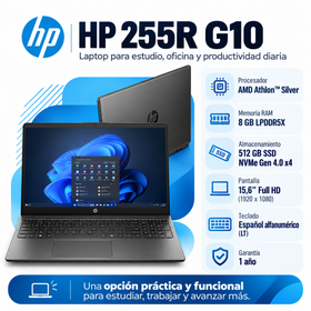 HP 255R G10 con AMD Athlon Silver, RAM 8 GB LPDDR5X, SSD NVMe 512 GB y pantalla Full HD de 15,6 pulgadas