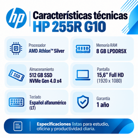 Ficha técnica HP 255R G10: RAM 8 GB LPDDR5X, SSD NVMe Gen 4.0 x4, pantalla Full HD y teclado español