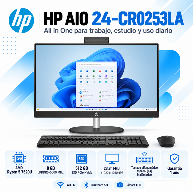 HP All-in-One 24-CR0253LA Ryzen 5 7520U con 8 GB LPDDR5 y SSD 512 GB