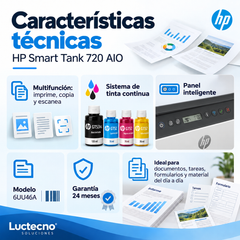 Características HP Smart Tank 720 6UU46A: multifunción, tintas GT53XL y GT52, panel LCD y garantía de 24 meses
