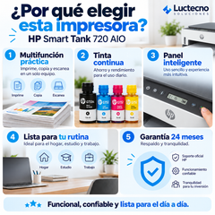 Beneficios HP Smart Tank 720: impresión, copia y escaneo, tintas GT53XL y GT52 y panel LCD con botones