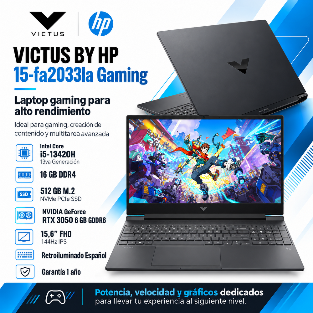 Victus by HP 15-fa2033la Gaming con Core i5-13420H, RAM 16 GB DDR4, SSD 512 GB, RTX 3050 de 6 GB y pantalla Full HD IPS de 144 Hz