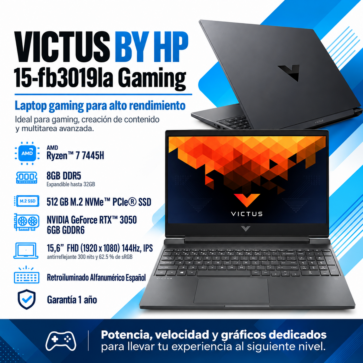 Victus by HP 15-fb3019la Gaming con Ryzen 7 7445H, RAM 8 GB DDR5, SSD 512 GB, RTX 3050 de 6 GB y pantalla Full HD IPS de 144 Hz