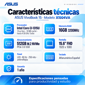 Características ASUS VivoBook 15 X1504VA: Core i3 de 13.ª generación, 16 GB RAM, SSD 512 GB y pantalla Full HD de 15,6 pulgadas