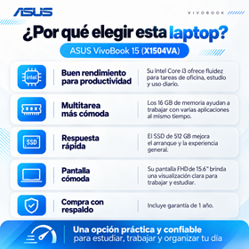 Ventajas ASUS VivoBook 15 X1504VA para estudio, productividad y multitarea, con garantía de un año