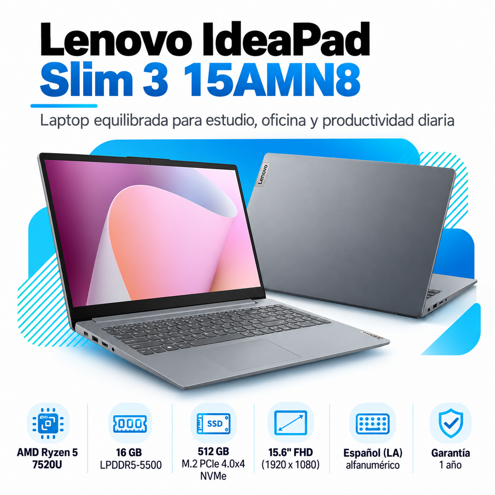 Lenovo IdeaPad Slim 3 15AMN8 con Ryzen 5 7520U, RAM 16 GB LPDDR5 y SSD 512 GB: imagen principal