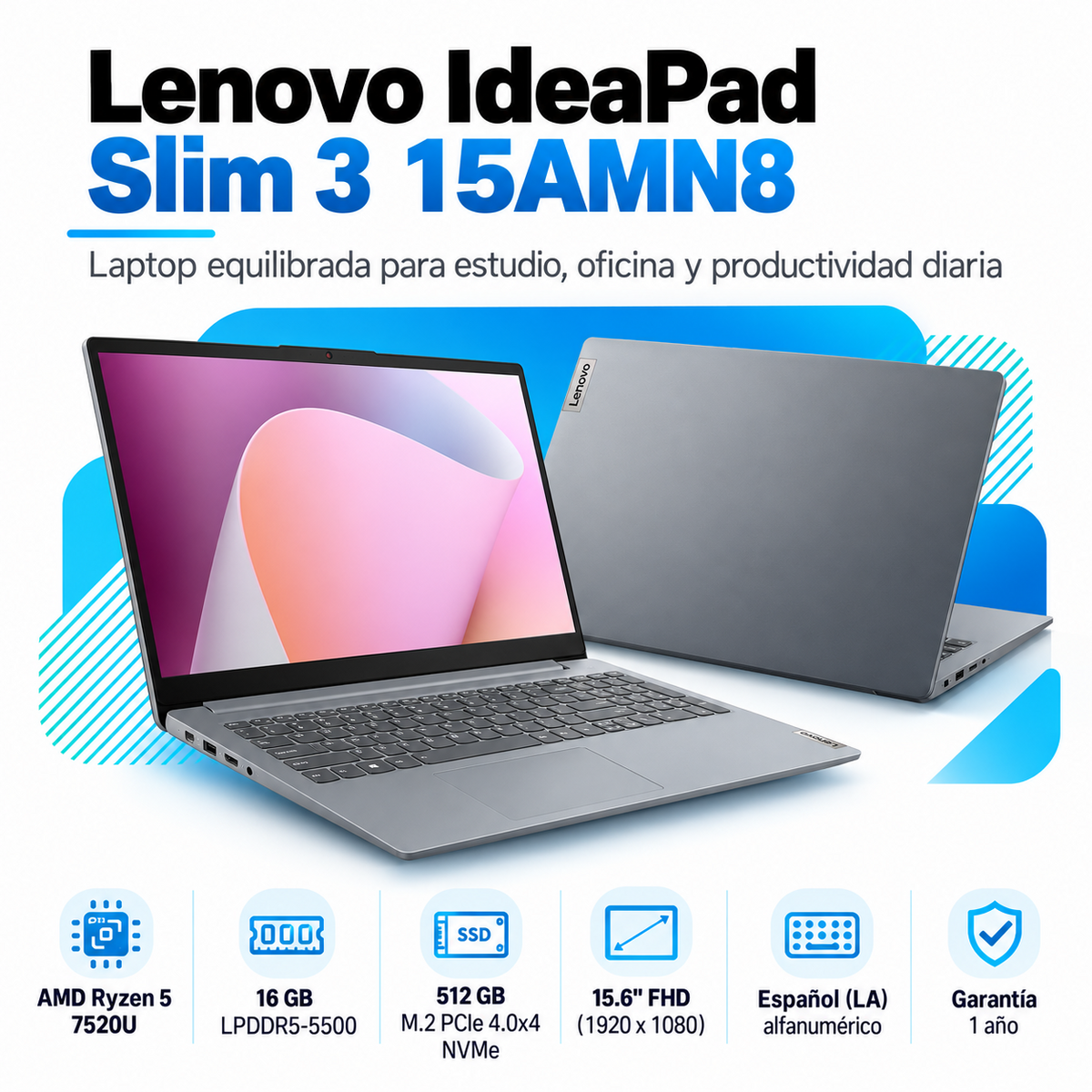 Lenovo IdeaPad Slim 3 15AMN8 con Ryzen 5 7520U, RAM 16 GB LPDDR5 y SSD 512 GB: imagen principal