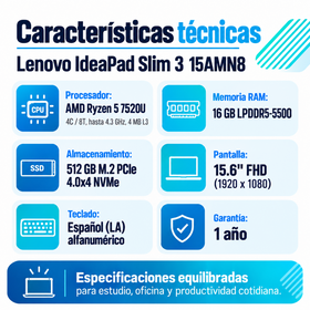 Lenovo IdeaPad Slim 3 15AMN8: ficha técnica y pantalla Full HD de 15,6 pulgadas