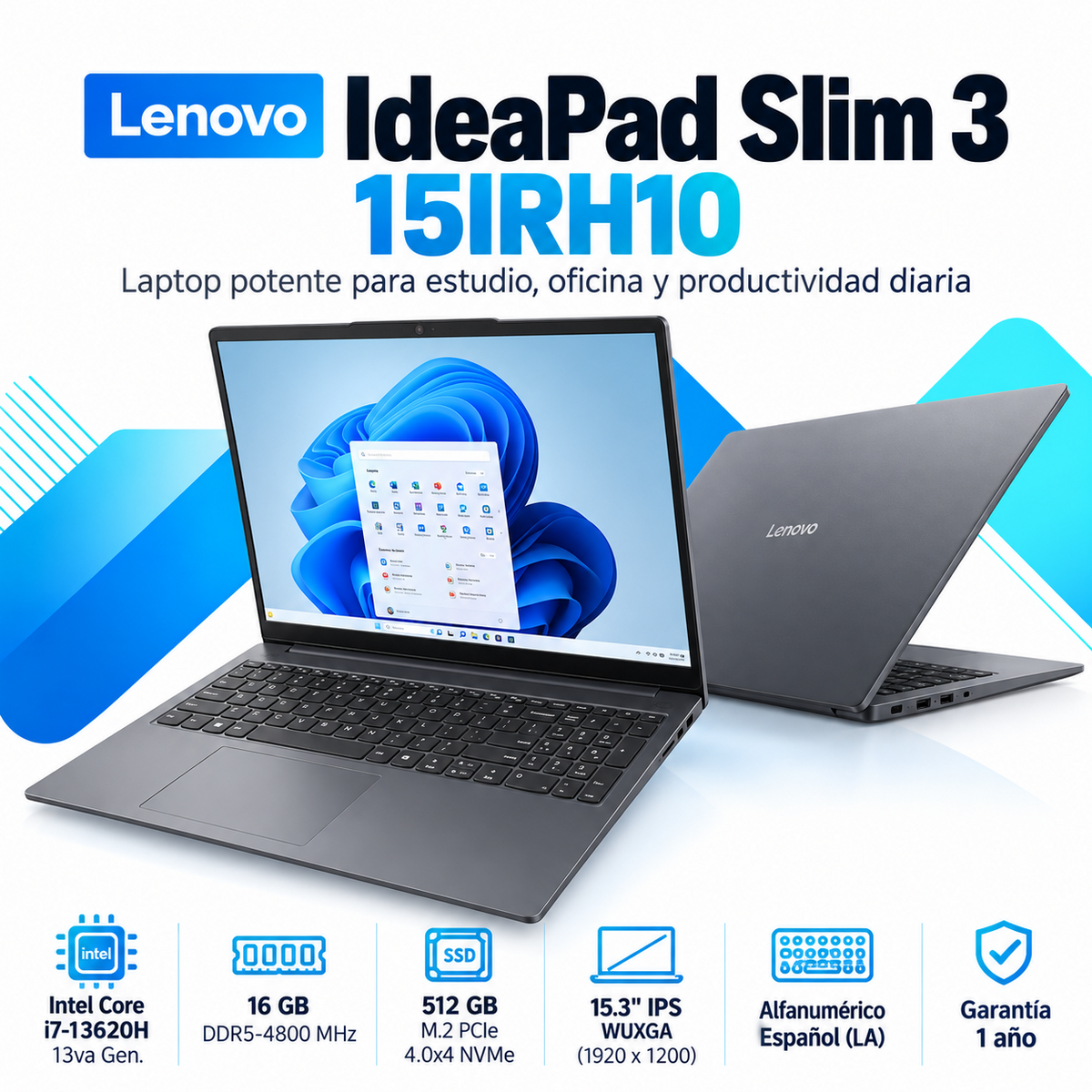 Lenovo IdeaPad Slim 3 15IRH10 con Core i7-13620H, RAM 16 GB DDR5 y SSD 512 GB: imagen principal