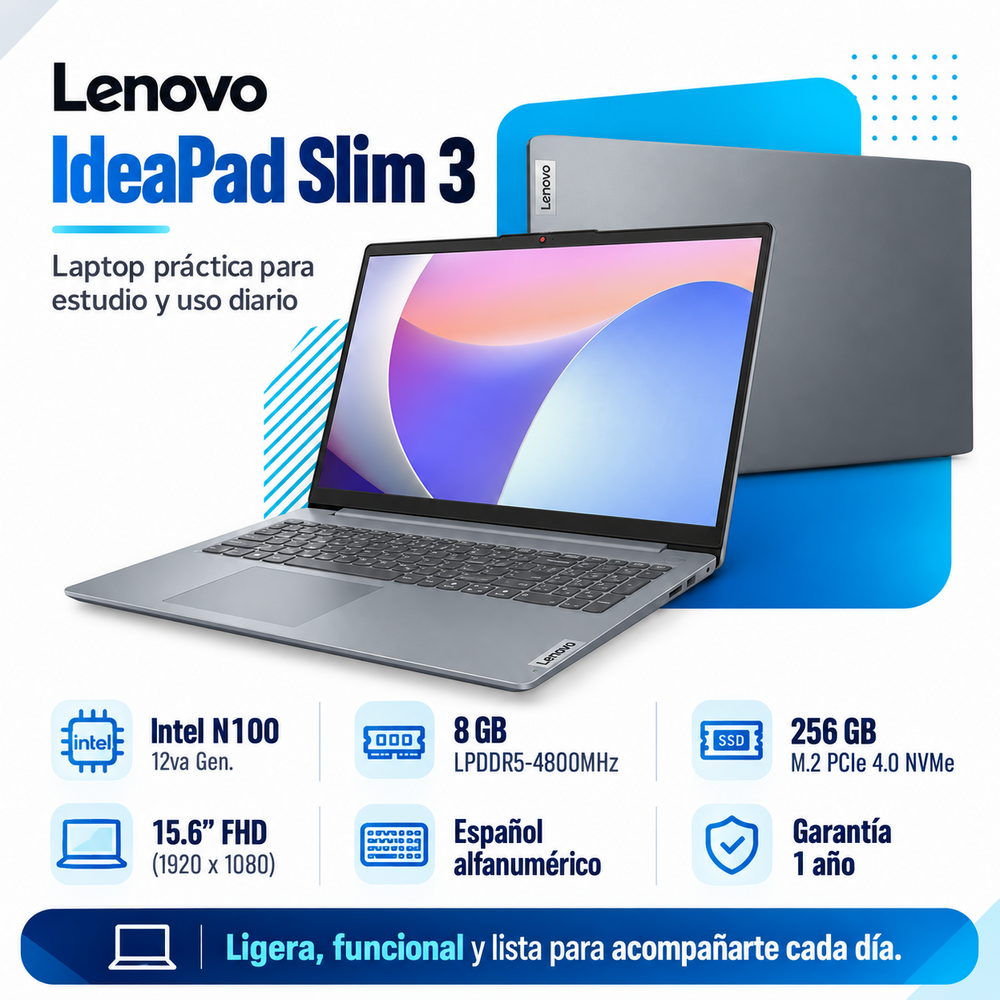 Lenovo IdeaPad Slim 3 con Intel N100, RAM 8 GB LPDDR5 y SSD 256 GB: imagen principal