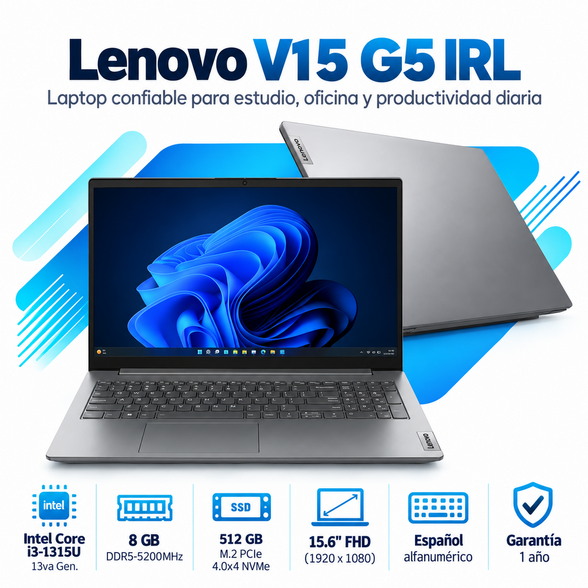 Lenovo V15 G5 IRL con Core i3-1315U, RAM 8 GB DDR5 y SSD 512 GB: imagen principal