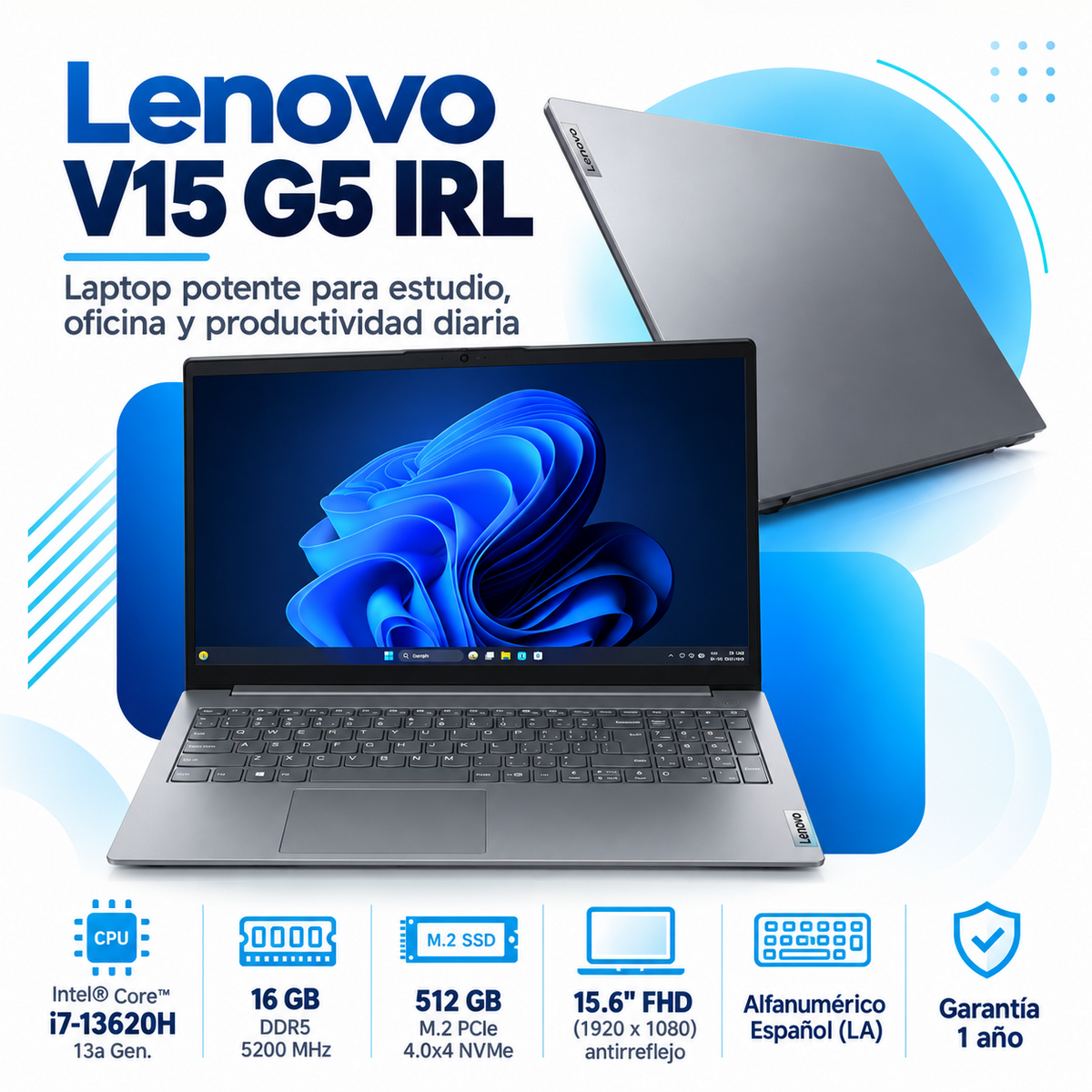 Lenovo V15 G5 IRL con Core i7-13620H, RAM 16 GB DDR5 y SSD 512 GB: imagen principal