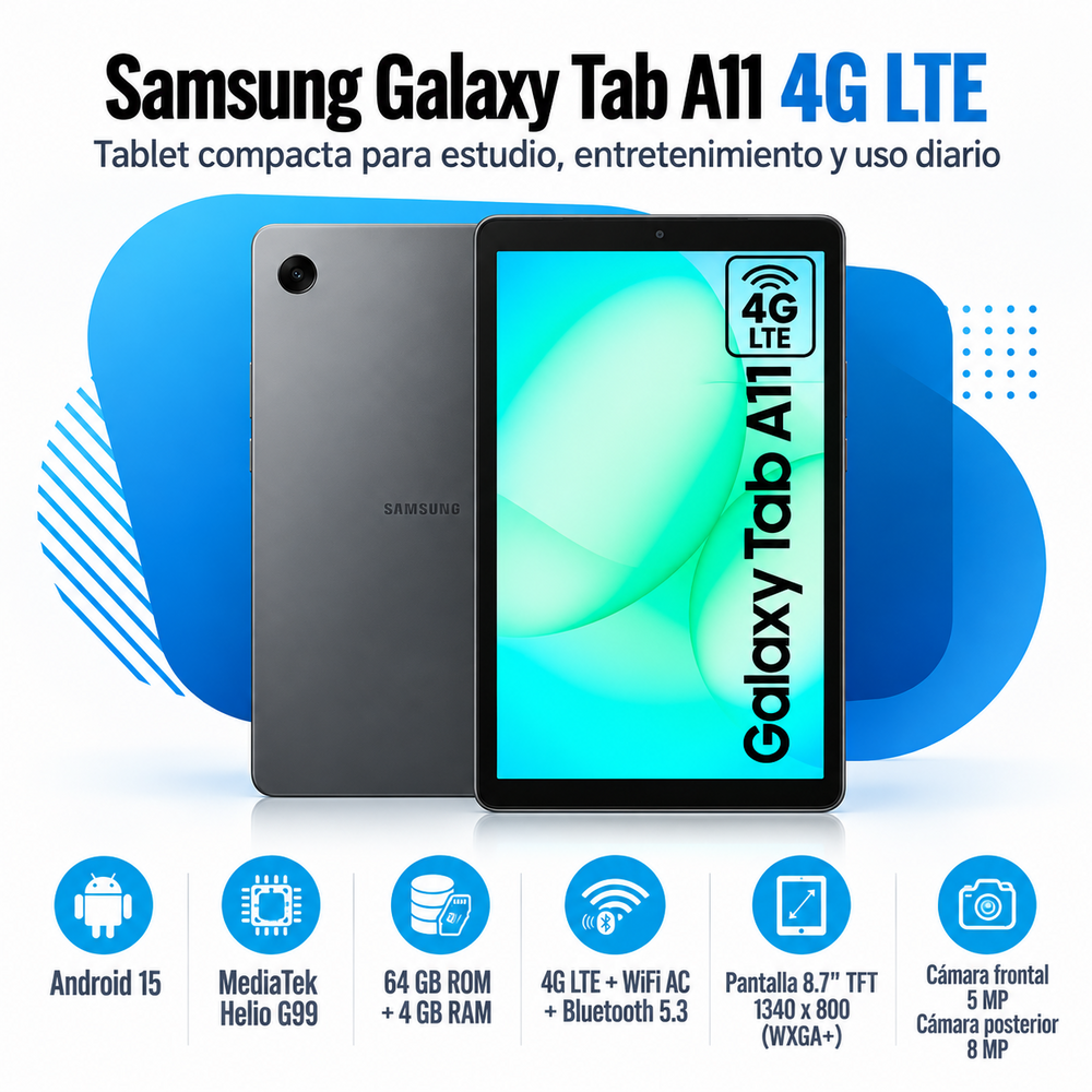 Samsung Galaxy Tab A11 4G LTE gris, 4 GB RAM, 64 GB y pantalla de 8,7 pulgadas