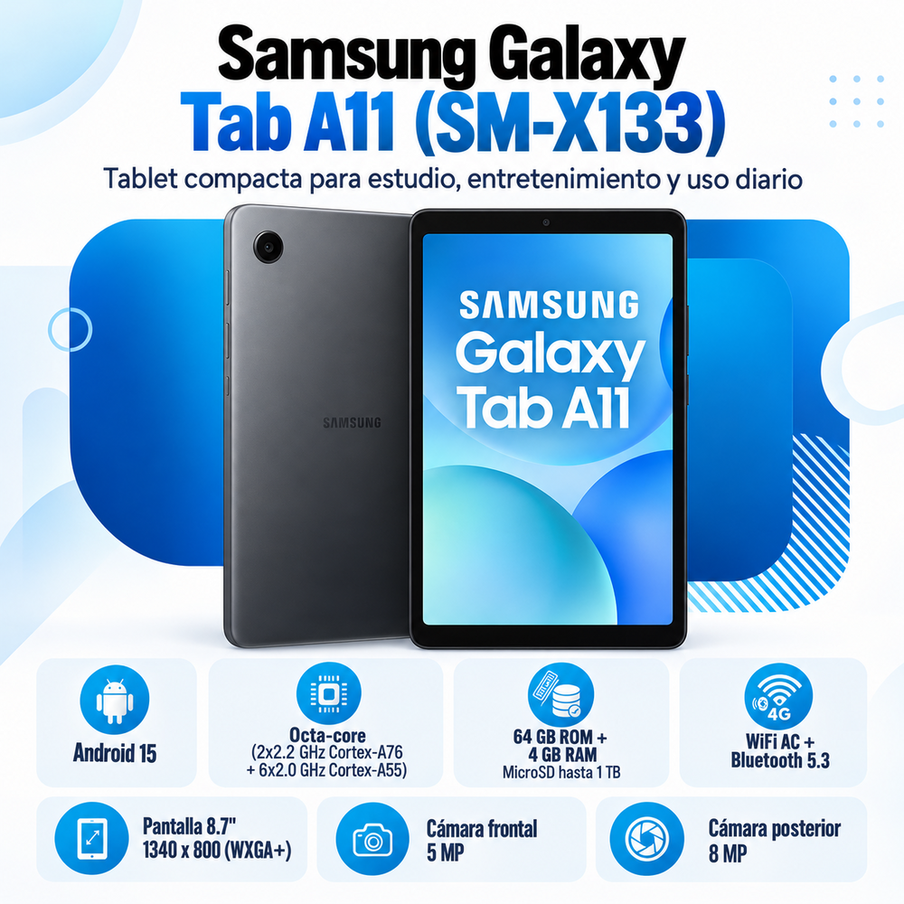 Samsung Galaxy Tab A11 SM-X133 gris, pantalla 8,7 pulgadas, 4 GB RAM y 64 GB
