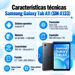 Ficha técnica Samsung Galaxy Tab A11 SM-X133: Android 15, 4 GB RAM, 64 GB, cámaras de 5 y 8 MP