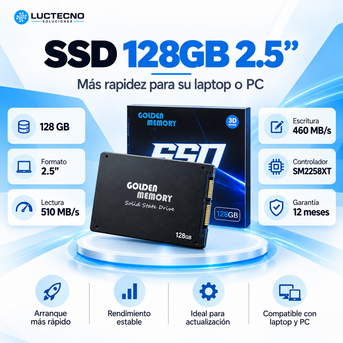 SSD Golden Memory 128 GB 2,5 pulgadas con caja y especificaciones