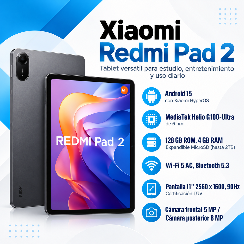 Xiaomi Redmi Pad 2 de 11 pulgadas gris grafito, 4 GB RAM y 128 GB, pantalla 2560 × 1600 a 90 Hz